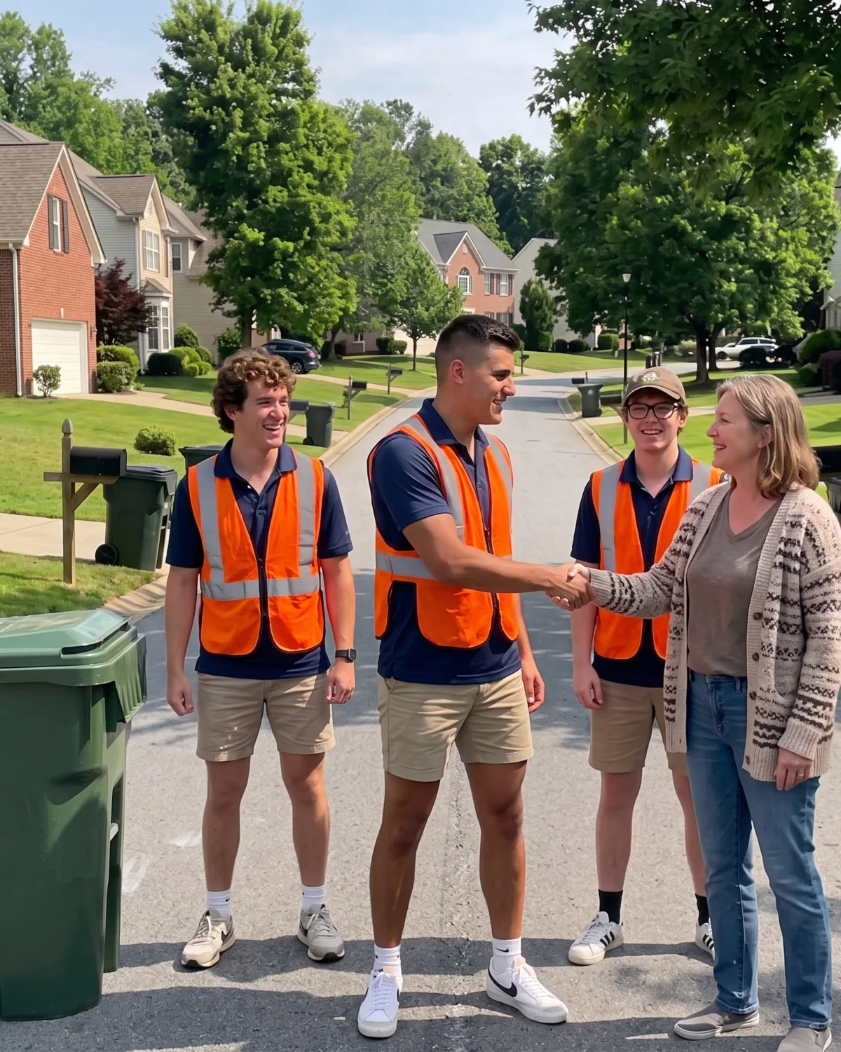 Three friendly BinBuddies in safety vests introducing themselves to a Homewood homeowner