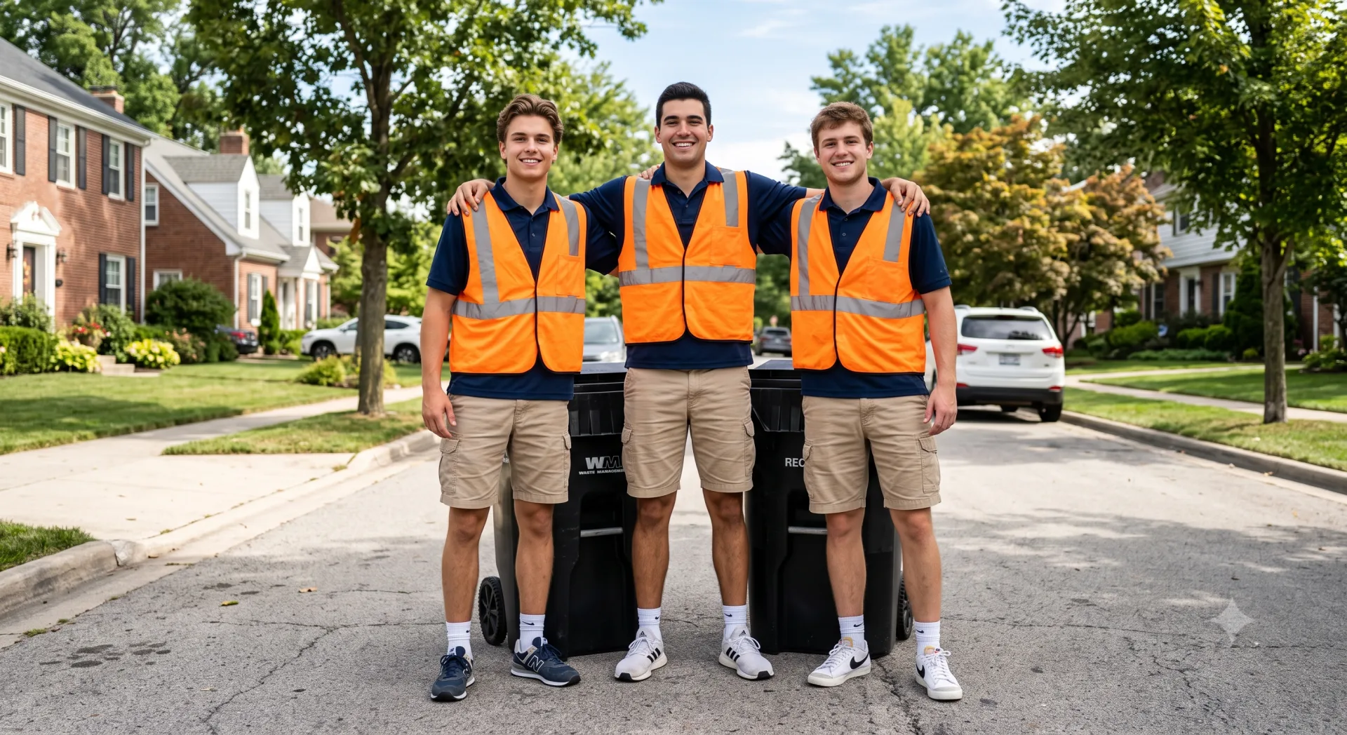 Three BinBuddy contractors standing with trash bins on a Homewood residential street