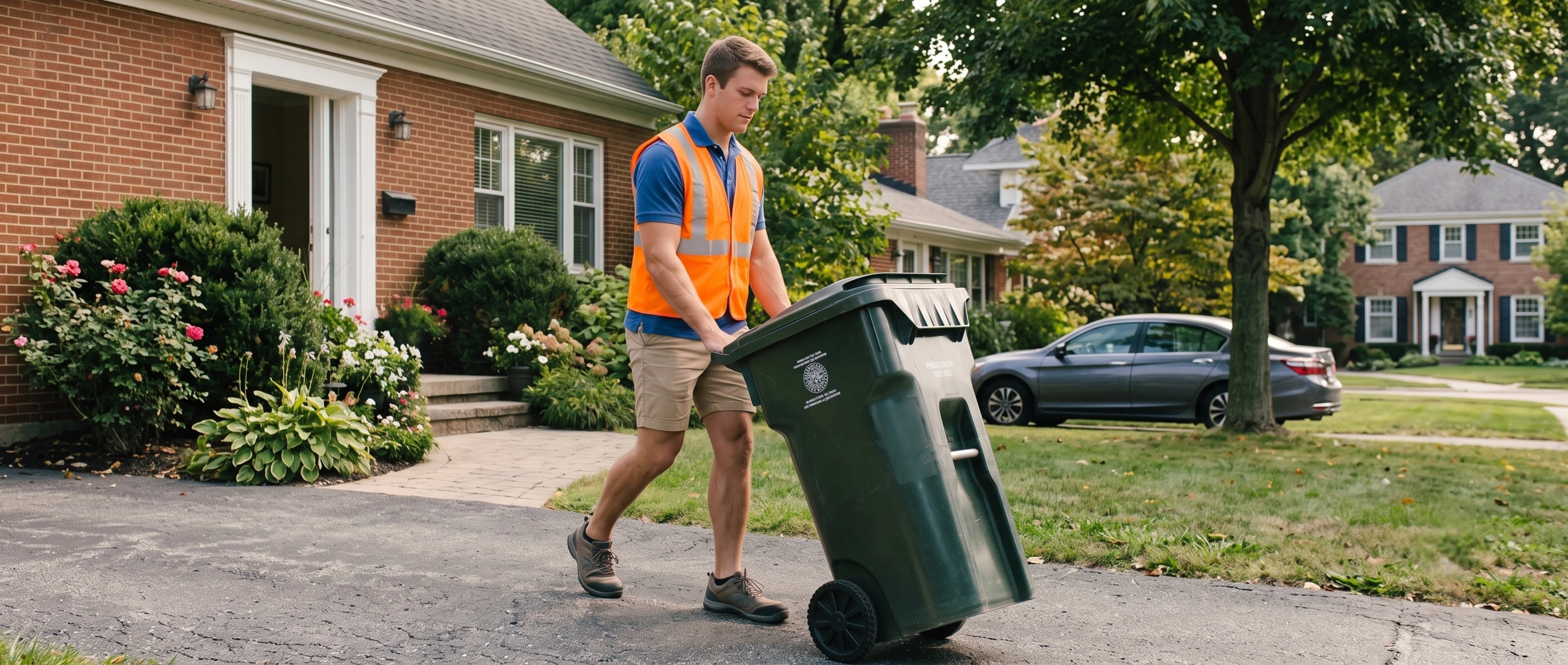 A BinBuddies team member rolling a trash bin to the curb outside a Homewood home